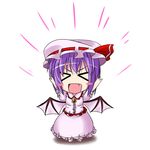  &gt;_&lt; :d arms_up bat_wings blush_stickers chibi closed_eyes cosplay dress fang hat ichimi nagae_iku open_mouth purple_hair remilia_scarlet remilia_scarlet_(cosplay) short_hair simple_background smile solo touhou v-shaped_eyebrows wings xd 