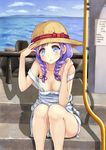  blue_door blue_eyes blush braid breasts cloud day hair_over_shoulder hand_on_headwear hat medium_breasts no_bra ocean original overalls purple_hair shadow sitting sitting_on_stairs sky solo stairs strap_slip sun_hat tetrapod twin_braids 