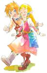  1girl artist_request belt blonde_hair blue_eyes bracelet earrings jewelry link pointy_ears princess_zelda smile the_legend_of_zelda the_legend_of_zelda:_skyward_sword traditional_media 