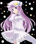  blush breasts crescent dress fa_no_hito hat highres long_hair patchouli_knowledge pink_hair purple_eyes small_breasts solo thighhighs touhou white_legwear zettai_ryouiki 