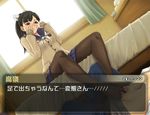  1girl bed black_hair blue_skirt bow cardigan covering_face cum curtains dialogue_box dutch_angle ejaculation footjob hair_bow hetero i_am_homeko love_plus miniskirt pantyhose penis pleated_skirt ponytail school_uniform serafuku sitting skirt takane_manaka tissue translated window 