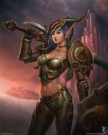 armor banned_artist blood_elf blue_hair breasts choker cleavage earrings elf gloves green_eyes highres horns jewelry lips long_hair mask mask_removed medium_breasts midriff navel pants paul_kwon pointy_ears shield solo sword warcraft watermark weapon world_of_warcraft 