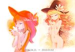  artist_progress before_and_after blonde_hair closed_eyes curly_hair flat_chest flower hands hat mao_yu multiple_girls navel nude original 