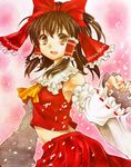  ascot bare_shoulders bow brown_eyes brown_hair detached_sleeves hair_bow hair_tubes hakurei_reimu midriff solo touhou yucke_(artist) 