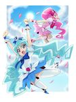  arms_up blue_eyes blue_hair blue_skirt boots bow choker cloud cure_blossom cure_marine hanasaki_tsubomi heart heartcatch_precure! knee_boots kurumi_erika long_hair magical_girl miniskirt multiple_girls petals pink_bow pink_choker pink_eyes pink_hair pink_skirt ponytail precure shinji_(udonteishoku) skirt sky sun thighhighs white_legwear 