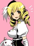  bad_id bad_pixiv_id blonde_hair breasts brown_eyes drill_hair hat kyubey looking_at_viewer magical_girl mahou_shoujo_madoka_magica medium_breasts open_mouth simple_background tomoe_mami twin_drills twintails yui_tooru 