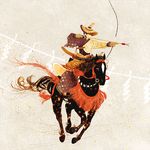  archery ayaigasa bow_(weapon) fringe_trim hat horse horseback_riding igote male_focus md5_mismatch original riding s_(pixiv1228080) solo straw_hat tassel weapon 