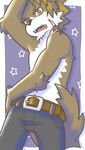  anthro belt bottomwear canid canine clothed clothing denim denim_bottomwear denim_clothing jeans looking_at_viewer male mammal otoutama pants pattern_background pinup pose simple_background solo star star-shaped_background tail topless 