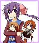  :&lt; ahoge blush brown_hair chibi gloves minami_(colorful_palette) minigirl multiple_girls original purple_eyes purple_hair sawatari_riko shian_(trouble_spirit) smile takanashi_kiyomi |_| 