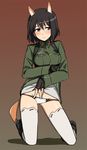  animal_ears black_eyes black_hair blush bob_cut fingerless_gloves gloves katou_takeko lowleg lowleg_panties military military_uniform ningen_(ningen96) panties short_hair solo tail thighhighs underwear uniform white_legwear world_witches_series 