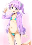  :d bangs bikini blue_bikini blush_stickers cameltoe collarbone eyebrows_visible_through_hair flat_chest foot_up heart hood hoodie long_hair looking_at_viewer manaka_non nami_makoto navel open_clothes open_hoodie open_mouth pripara purple_eyes purple_hair purple_hoodie side_ponytail smile swimsuit w 