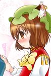  animal_ears blush bow brown_eyes brown_hair cat_ears chen clothes_grab dress earrings hat jewelry red_dress shirt short_hair solo takamoto_akisa touhou translated 