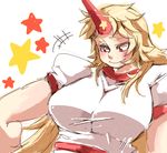  bad_id bad_pixiv_id blonde_hair breasts eyebrows horn hoshiguma_yuugi iroyopon large_breasts long_hair red_eyes simple_background sketch smile solo thick_eyebrows touhou 