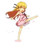  bakemonogatari bare_shoulders barefoot blonde_hair blush_stickers dress fang kicking kouji_(campus_life) long_hair lowres monogatari_(series) oshino_shinobu solo yellow_eyes 