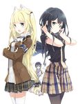  black_hair blonde_hair bokura_wa_minna_ikiteiru! crossed_arms green_eyes hair_tucking karasuma_kurona long_hair looking_at_viewer multiple_girls necktie nekomiya_miu ooga_miko open_mouth pantyhose school_uniform simple_background thighhighs tiv very_long_hair wings zettai_ryouiki 