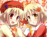  aki_minoriko aki_shizuha autumn autumn_leaves blonde_hair blush hair_ornament hat highres leaf leaf_background leaf_hair_ornament leaf_on_head mashiro_yuki multiple_girls red_eyes short_hair siblings sisters touhou yellow_eyes 