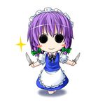  blush_stickers braid chibi cosplay dual_wielding hair_ribbon holding ichimi izayoi_sakuya izayoi_sakuya_(cosplay) knife maid maid_headdress nagae_iku purple_hair ribbon short_hair smirk solid_circle_eyes solo touhou twin_braids 