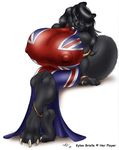  anthro big_breasts black_hair blue_eyes breasts british canine dress female gideon hair huge_breasts hyper hyper_breasts kylie_brielle mammal nipples plain_background smile solo union_jack white_background wolf 