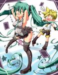  1girl armpits arms_up belt black_skirt blush boots detached_sleeves green_eyes green_hair hatsune_miku kagamine_len long_hair microskirt necktie no_panties one_eye_closed open_mouth panties panty_pull pleated_skirt poruneko shorts skirt striped striped_panties striped_skirt thigh_boots thighhighs twintails underwear very_long_hair vocaloid 