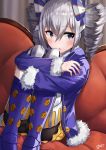  alternate_costume armored_boots bangs blue_coat blue_eyes blue_footwear blush boots bow bronya_zaychik coat commentary_request couch drill_hair ekusufeito eyebrows_visible_through_hair fur-trimmed_coat fur_trim hair_between_eyes hair_bow hair_ornament highres honkai_impact leg_hug long_hair looking_at_viewer open_clothes open_coat open_mouth sidelocks signature silver_hair sitting solo thigh_boots thighhighs twin_drills twintails 