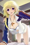  absurdres blonde_hair bra breasts charlotte_dunois cleavage highres infinite_stratos jacket jewelry large_breasts lingerie long_hair long_legs looking_at_viewer okingjo open_clothes pendant purple_eyes signature solo track_jacket underwear uniform window 