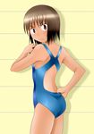  brown_eyes brown_hair competition_swimsuit looking_back one-piece_swimsuit original short_hair solo swimsuit tanaka_rikimaru 