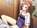  1girl animal_ears blush breasts brown_hair chair cigarette cleavage fox_ears fox_tail foxgirl game_cg highres indoors large_breasts looking_at_viewer map nagumo_ryouko otomimi_infinity paper pen purple_eyes shirt short_hair shorts sitting smoking solo tail violet_eyes 