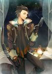  alvin_(tales) bad_id bad_pixiv_id black_gloves brown_eyes brown_hair coat cravat curtains gloves gun icon_(sgt) lantern male_focus night smile solo tales_of_(series) tales_of_xillia weapon window 
