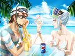  2boys ball barnaby_brooks_jr beach beachball bikini blonde_hair blue_eyes blue_hair blue_rose_(tiger_&amp;_bunny) breasts brown_eyes brown_hair crystal_earrings earrings facial_hair food front-tie_top fruit glasses jewelry kaburagi_t_kotetsu karina_lyle lemon lemon_slice lemonade lipstick makeup male_swimwear mask medium_breasts multiple_boys nail_polish palm_tree pepsi_nex pout reducto short_hair snorkel soda striped stubble superhero swim_briefs swimsuit swimwear tiger_&amp;_bunny tree vertical_stripes 