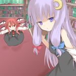  :&lt; bat_wings book bookshelf crescent crescent_hair_ornament hair_ornament head_wings koakuma library long_hair multiple_girls patchouli_knowledge purple_eyes purple_hair red_eyes red_hair shize_(coletti) sleeveless touhou voile wings 