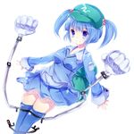  aqua_eyes aqua_hair aqua_skirt backpack bad_id bad_pixiv_id bag blue_eyes blue_hair blue_legwear hair_bobbles hair_ornament hat kawashiro_nitori lace lace-trimmed_skirt mechanical_arm mechanical_arms miniskirt print_skirt shirt skirt skirt_set smile solo thighhighs touhou two_side_up uiroutsuji_yumihiko zettai_ryouiki 