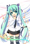  black_skirt green_eyes green_hair hair_ribbon hatsune_miku headset highres lace lace-trimmed_skirt long_hair masaki_(machisora) microphone miniskirt musical_note necktie open_mouth pleated_skirt pointing ribbon skirt solo striped striped_legwear thighhighs twintails very_long_hair vocaloid 