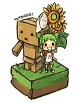  1girl chibi danboo faux_figurine fishing_net flower green_hair isometric koiwai_yotsuba smile sunflower yotsubato! 