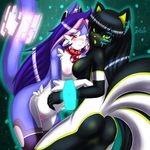  bioluminescence black_butt black_hair blue_hair blue_handcuffs blush breasts butt canine collar cyber duo female fox glowing hair holding lesbian mammal markings mnxenx001 multiple_tails nipples nude open_mouth red_eyes tail technology tron_like yellow_eyes yellow_markings 