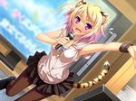  1girl animal_ears bare_shoulders blonde_hair blush bracelet bracelets breasts byoubu_tetora cat_ears cat_tail fang game_cg gradient_hair highres indoors jewelry karaoke microphone multicolored_hair otomimi_infinity outstretched_arm purple_eyes short_hair singing skirt solo sweat tail violet_eyes zipper 