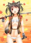  animal_ears black_hair fang moeki_yuuta one_eye_closed original panties red_eyes solo sword tail underwear weapon 