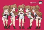  ass bag blush boots brown_eyes brown_hair character_request clone copyright_request grin highres jaga_note long_hair looking_back multiple_girls one_eye_closed panties side-tie_panties side_ponytail smile striped striped_panties translation_request underwear 