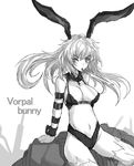  animal_ears arm_garter arm_support bikini_top breasts bunny_ears cleavage cross detached_collar greyscale kara_(color) large_breasts long_hair looking_at_viewer monochrome mouth_hold navel original sitting solo 