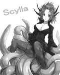  breasts cleavage formal greyscale hair_up horns kara_(color) lace lace-trimmed_skirt large_breasts looking_at_viewer miniskirt monochrome monster_girl mythology original pantyhose scylla simple_background sitting skirt skirt_suit solo suit tentacles thighband_pantyhose 