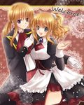  1girl alternate_costume blonde_hair blue_eyes butler cosplay enmaided gloves maekawa_suu maid miniskirt pleated_skirt ponytail red_skirt ronove ronove_(cosplay) shannon shannon_(cosplay) siblings skirt umineko_no_naku_koro_ni ushiromiya_jessica ushiromiya_lion 