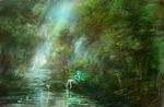  bare_legs barefoot blue_hair bow cirno forest hair_bow highres lm7_(op-center) nature river scenery short_hair sitting solo touhou water 