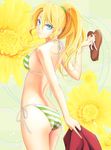  ass bikini blonde_hair blue_eyes cindy_campbell flower long_hair looking_back pikako ponytail sandals shinryaku!_ikamusume solo striped striped_bikini swimsuit 