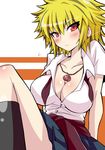  alternate_costume blonde_hair blush breasts cleavage clothes_around_waist contemporary givuchoko jewelry large_breasts looking_at_viewer necklace open_clothes open_shirt red_eyes school_uniform shirt short_hair sitting solo sweater sweater_around_waist toramaru_shou touhou tsurime 