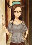  bare_shoulders bracelet brown_hair demon_girl glasses green_eyes hand_on_hip horns jewelry looking_at_viewer nail_polish necklace original pendant sentou solo succubus 