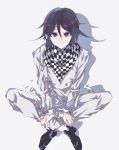  1boy black_footwear checkered checkered_scarf commentary_request danganronpa eyebrows_visible_through_hair flipped_hair from_above full_body grabbing hair_between_eyes hand_on_own_leg highres jacket long_sleeves looking_at_viewer loose_clothes male_focus najuco_(naju0517) new_danganronpa_v3 ouma_kokichi pale_skin purple_eyes purple_hair scarf shadow short_hair simple_background sitting smile solo straitjacket white_background white_legwear 