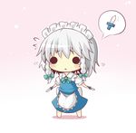  apron black_eyes blue_dress braid chibi dress gaius_(nikoniko2) hair_ribbon izayoi_sakuya knife maid maid_headdress ribbon searching silver_hair solid_circle_eyes solo spoken_object tears touhou twin_braids 