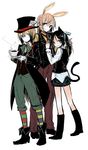  alice_in_wonderland animal_ears black_hair blonde_hair blue_eyes boots charlotte_e_yeager cosplay cup dormouse dormouse_(cosplay) erica_hartmann francesca_lucchini hair_ribbon hat mad_hatter mad_hatter_(cosplay) march_hare march_hare_(cosplay) multiple_girls necktie orange_hair pantyhose ribbon short_hair shorts smile strike_witches striped striped_legwear tadano_kagekichi tail top_hat waistcoat world_witches_series 