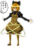  bad_id bad_pixiv_id blonde_hair hair_ribbon hati105 kurodani_yamame open_mouth outstretched_arms ponytail ribbon simple_background solo touhou translated white_background yellow_eyes 