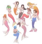  6+girls 9girls aerith_gainsborough aqua aqua_(kingdom_hearts) arms_up bare_shoulders bikini_top black_hair blonde_hair blue_hair bra braid brown_eyes brown_hair character_request eyes_closed female final_fantasy final_fantasy_ix final_fantasy_vi final_fantasy_vii final_fantasy_x final_fantasy_x-2 final_fantasy_xiii garnet_til_alexandros_xvii green_eyes green_hair headband highres kingdom_hearts lightning_farron lingerie long_hair mermaid midriff monster_girl multiple_girls oerba_dia_vanille okiara pink_hair pink_ribbon ponytail red_hair ribbon rikku seashell_bra series_request short_hair single_braid square_enix tail tifa_lockhart tina_branford twintails underwear vest wink yuna 