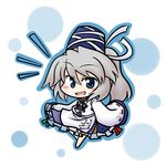  blue_eyes blue_skirt blush chibi frilled_skirt frills grey_hair hat japanese_clothes kariginu long_sleeves medium_skirt mononobe_no_futo open_mouth ponytail shirt skirt smile solo touhou walking yanagi_(nurikoboshi) 